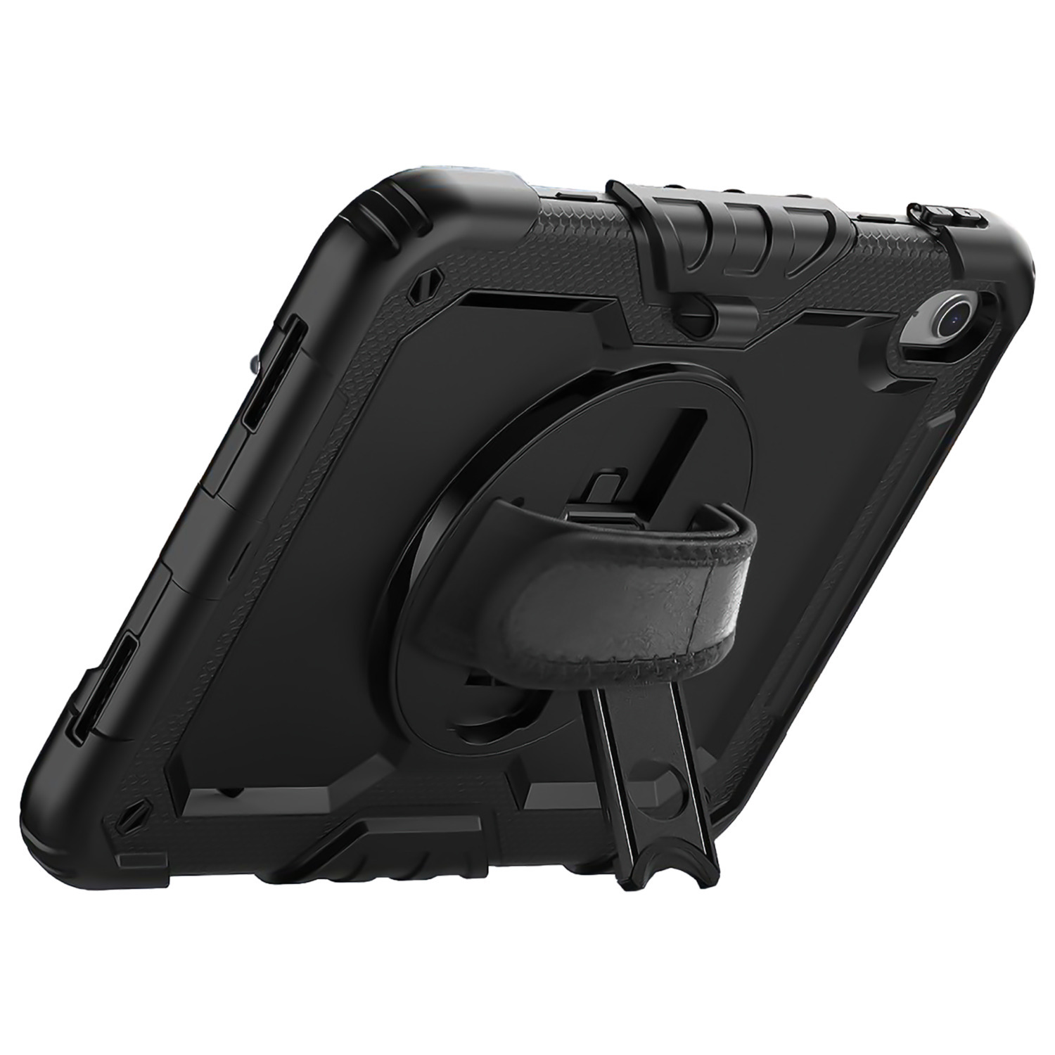 Étui de protection noir pour tablette avec dragonne et support. Robuste et angulaire.