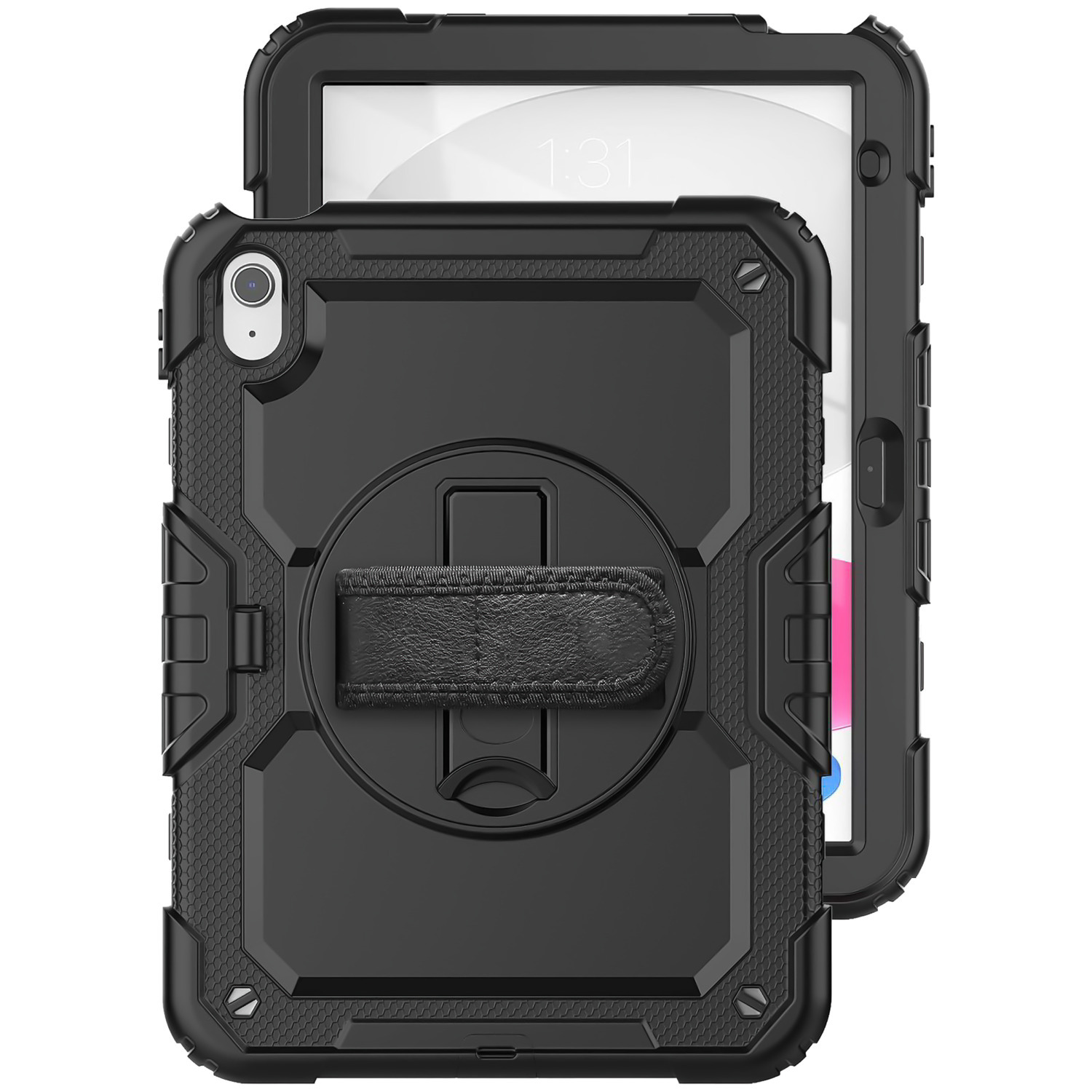 Étui iPad noir avec dragonne et design de protection à l'avant et à l'arrière.