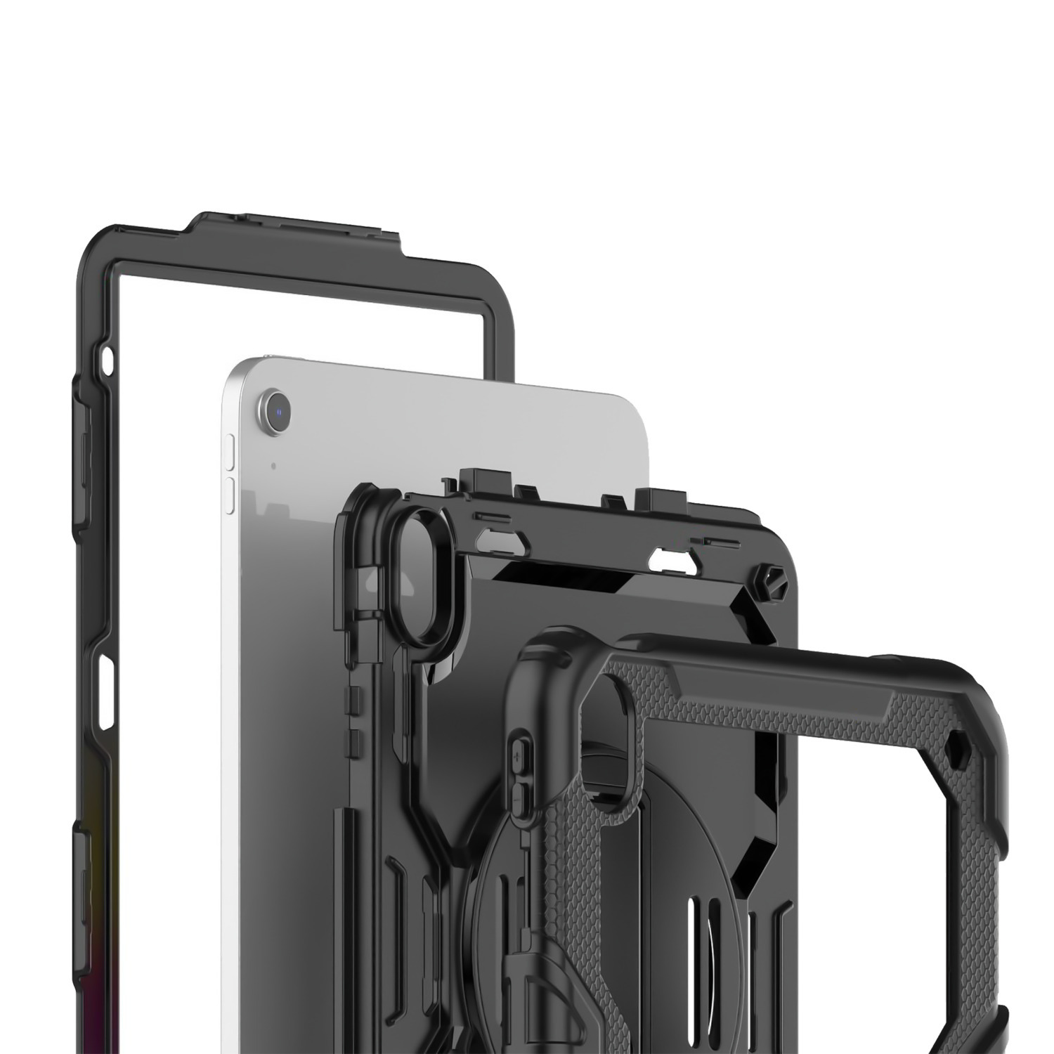 Une tablette dans un étui de protection noir. L'étui a une poignée et un support. Fond blanc.