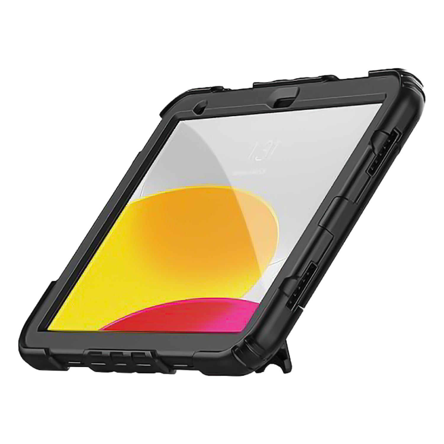 Tablette dans un étui noir, vue en angle. L'étui a un support et couvre l'écran. Fond jaune.