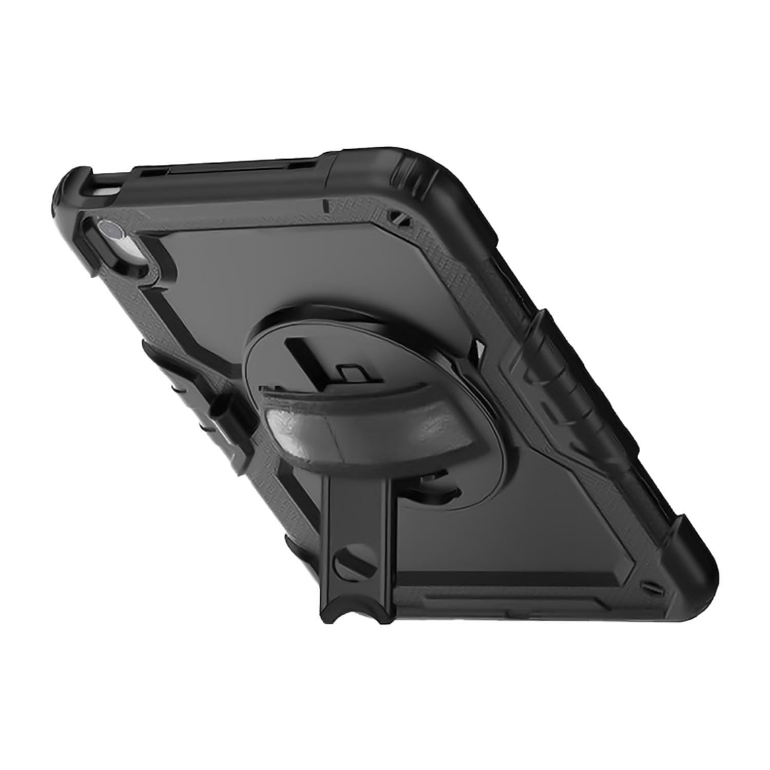 Dos d'une tablette dans un étui noir. L'étui comprend un support et une poignée circulaire. Vue en angle.