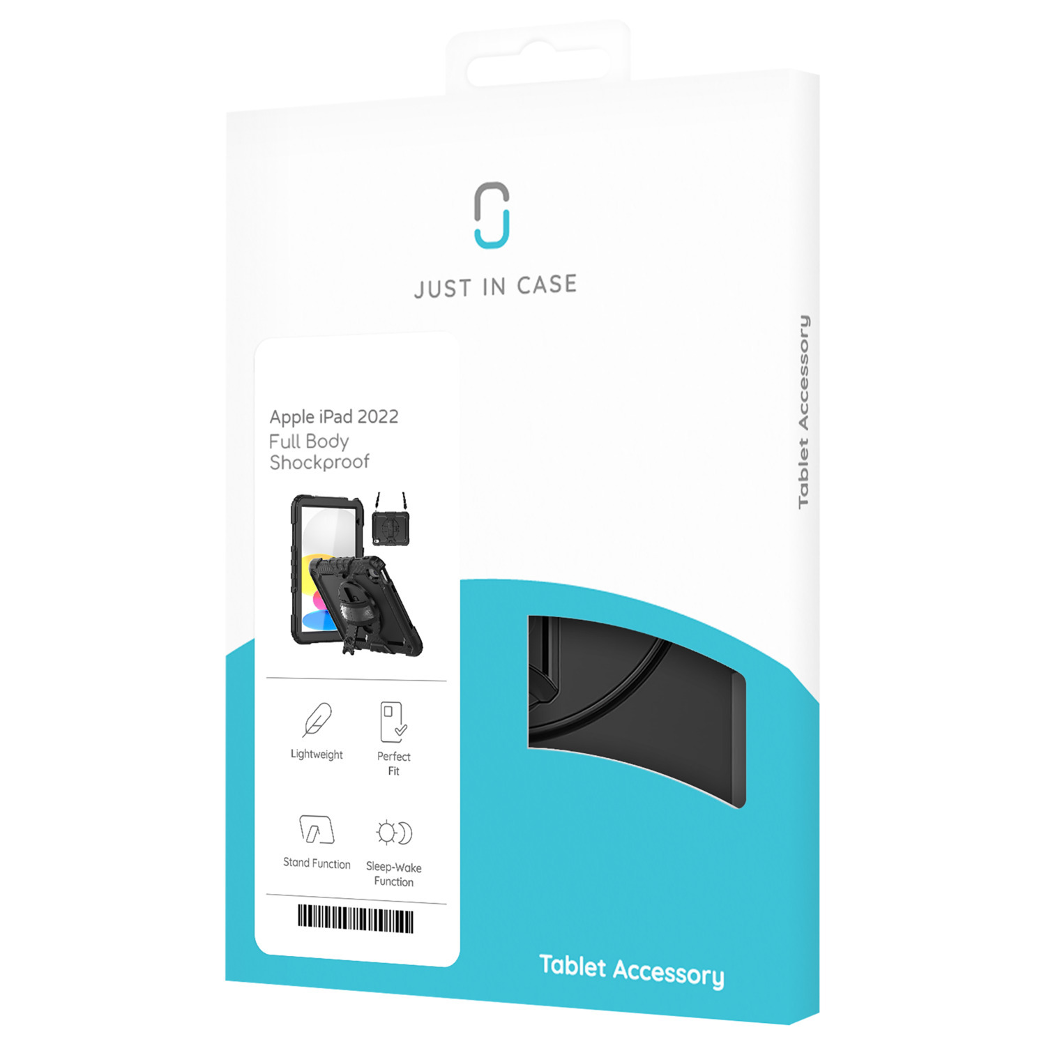 Une boîte blanche avec une image d'étui de tablette. Texte : 'JUST IN CASE' et 'Apple iPad 2022 Full Body Shockproof'.