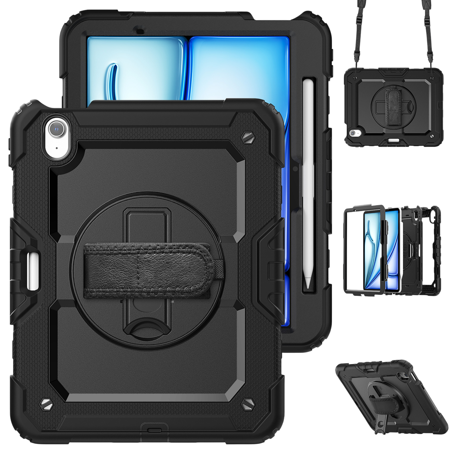 Une coque de tablette noire avec plusieurs vues. Elle possède une sangle de main et un porte-stylo intégré.