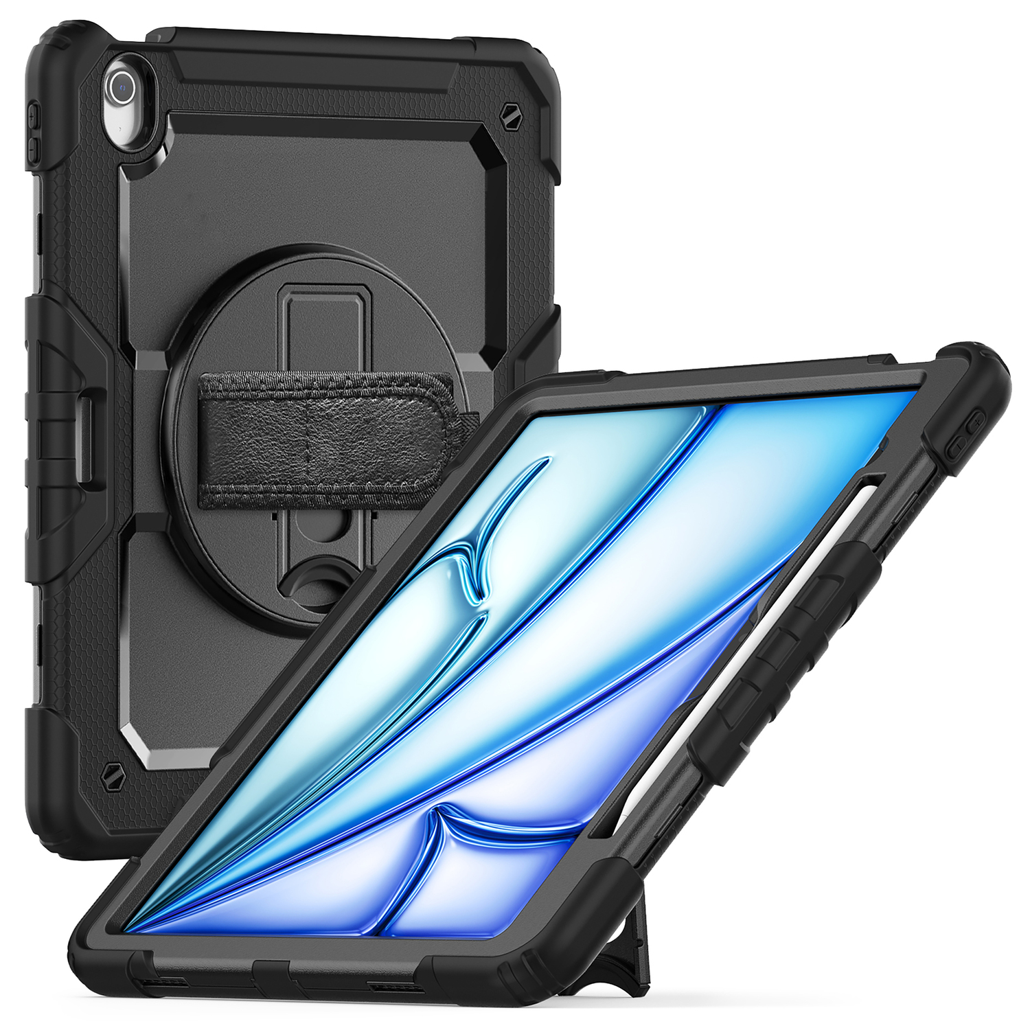 Une tablette noire dans un étui de protection, avec un support. Une autre tablette est visible derrière.