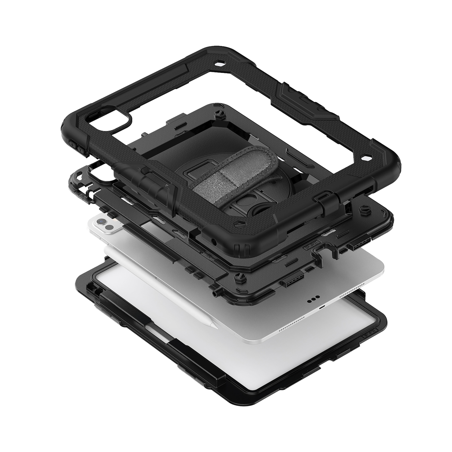 Une vue éclatée d'un étui de tablette avec différentes couches de protection et un stylet.
