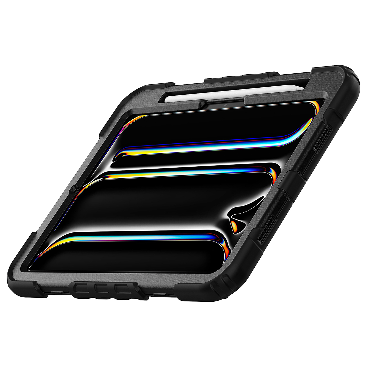 Une tablette noire avec un étui et un stylet. Fond blanc.
