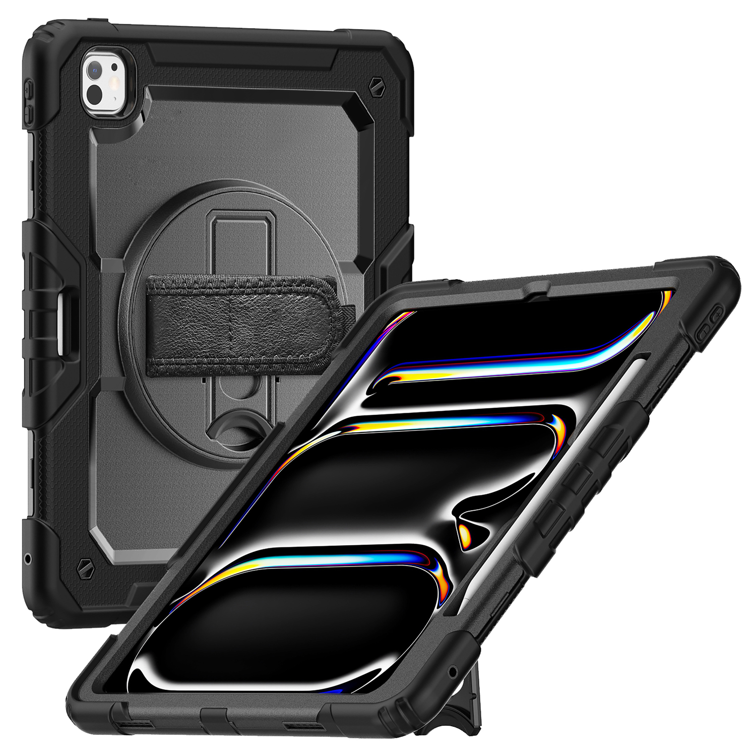 Un étui iPad noir avec un support, montrant l'écran de l'iPad.