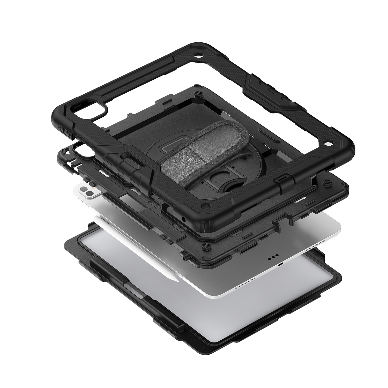 Une vue éclatée d'un étui iPad noir. Les couches comprennent un protecteur d'écran et un stylet.