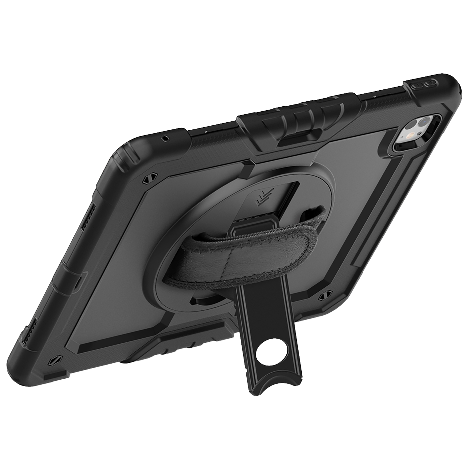 Tablette noire dans un étui de protection avec dragonne et béquille.
