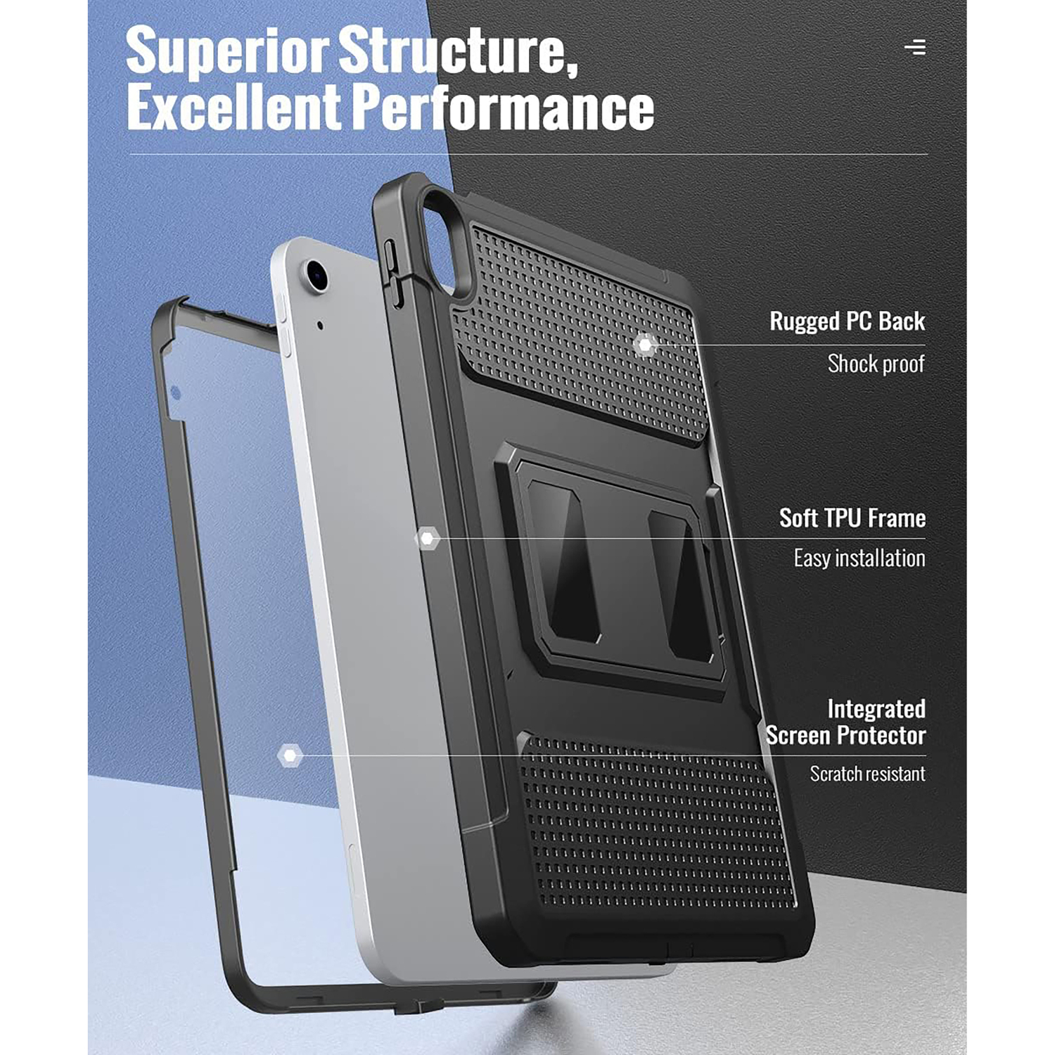 Un étui pour iPad avec dos transparent et cadre noir robuste. Texte : Structure supérieure, excellentes performances.