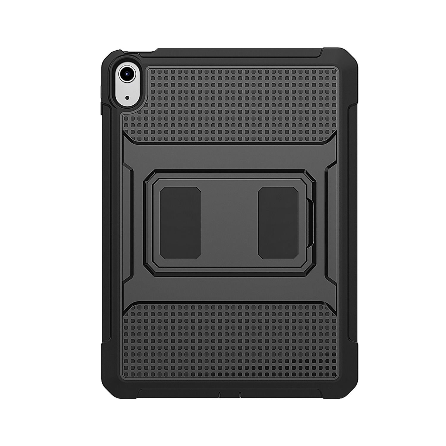 Étui de tablette noir avec un design texturé et un support intégré.