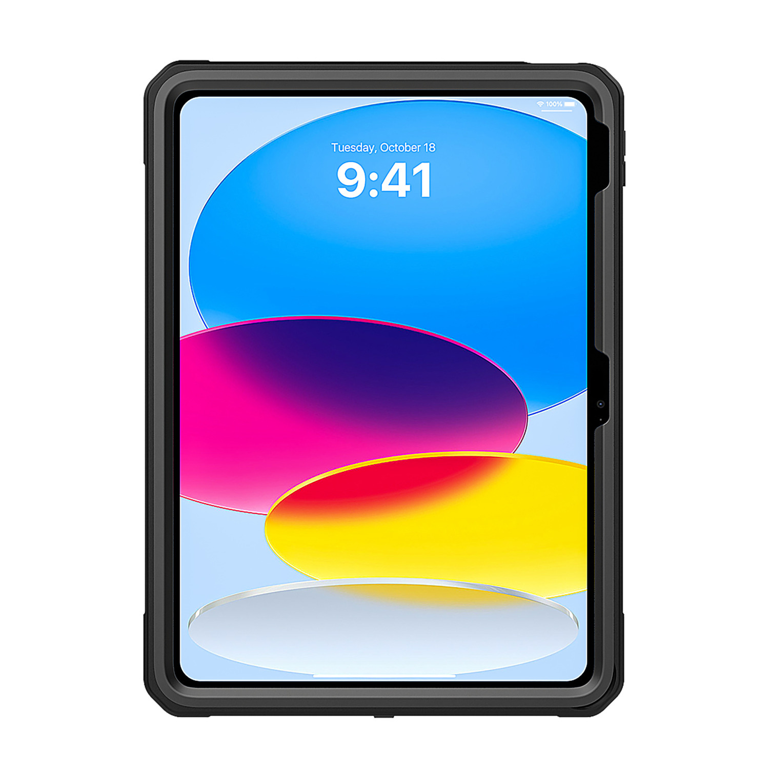 Une tablette noire avec un écran affichant un calendrier et des formes colorées. La tablette a un étui.