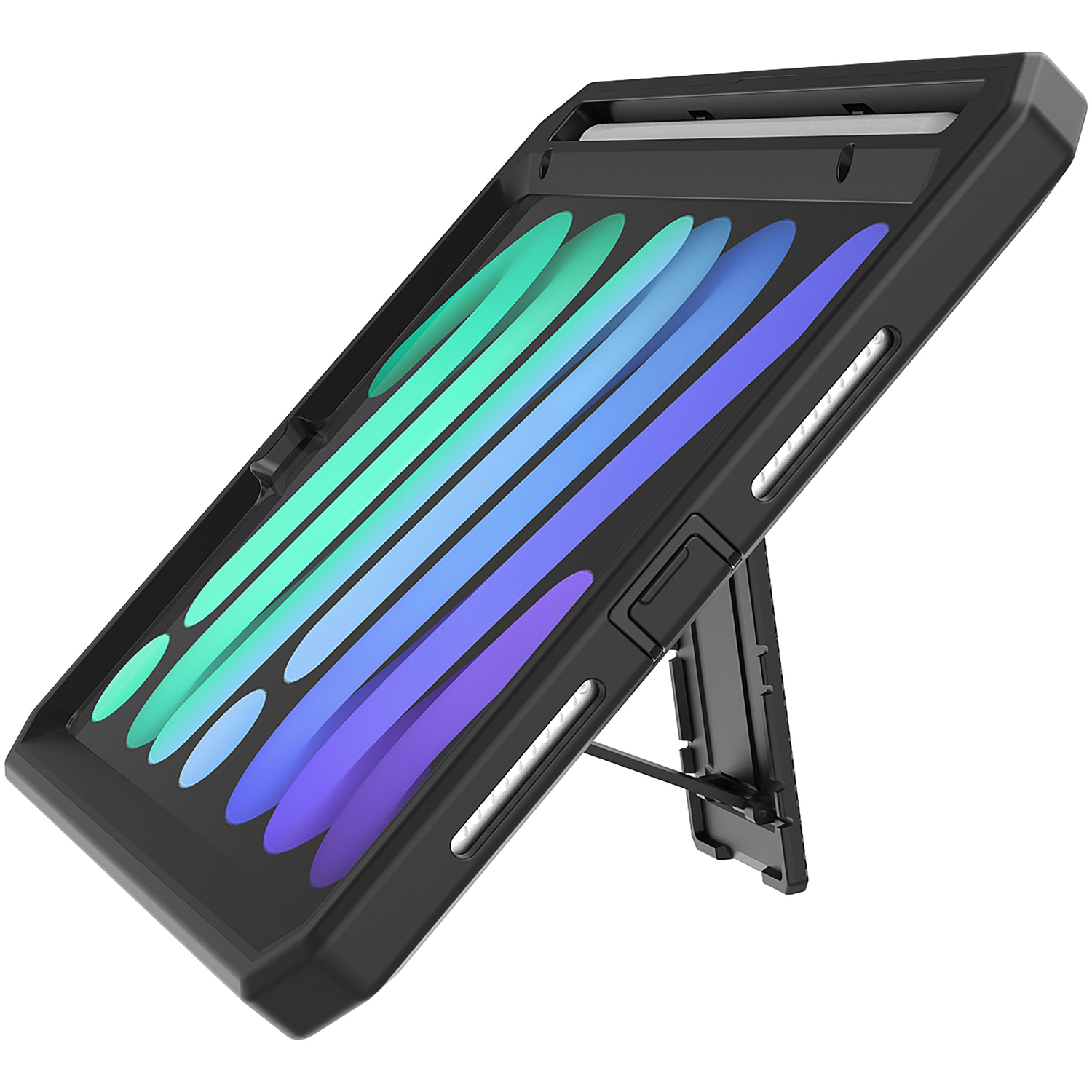 Étui iPad noir avec un support intégré. L'écran de l'iPad affiche une interface colorée. L'étui est légèrement incliné.