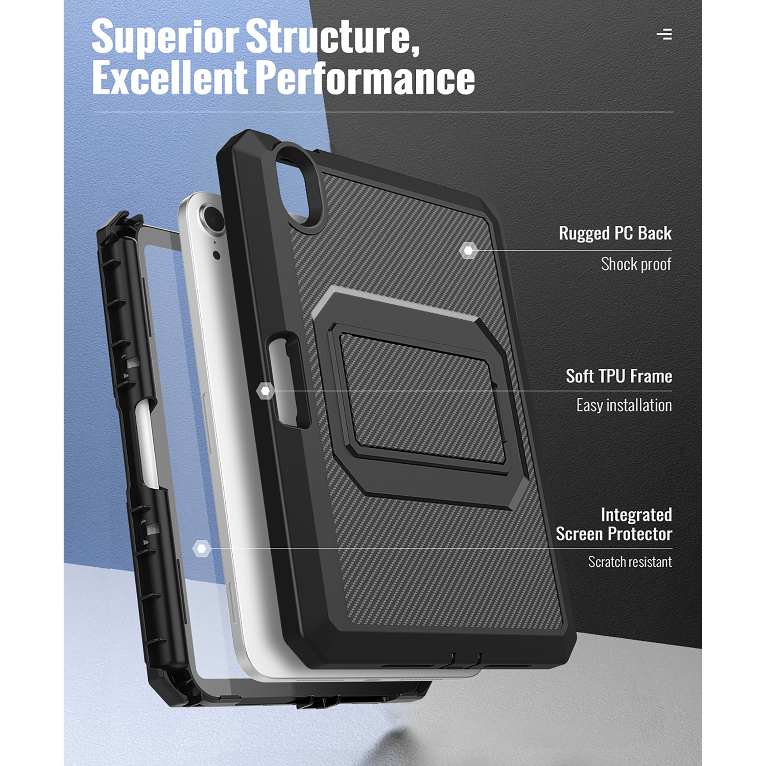 Vue éclatée d'un étui iPad montrant les couches : dos en PC robuste, cadre en TPU souple et protecteur d'écran intégré.
