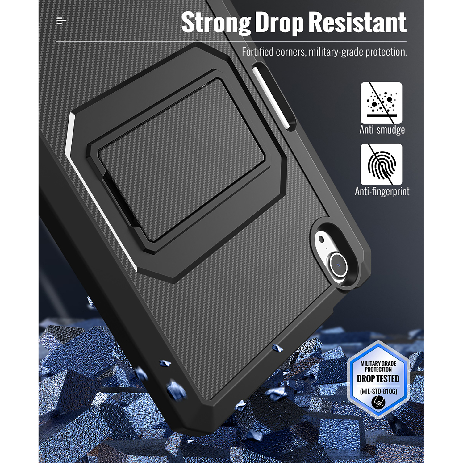 Étui noir avec un design robuste. Il dispose d'un support et est présenté avec un graphique de test de chute.