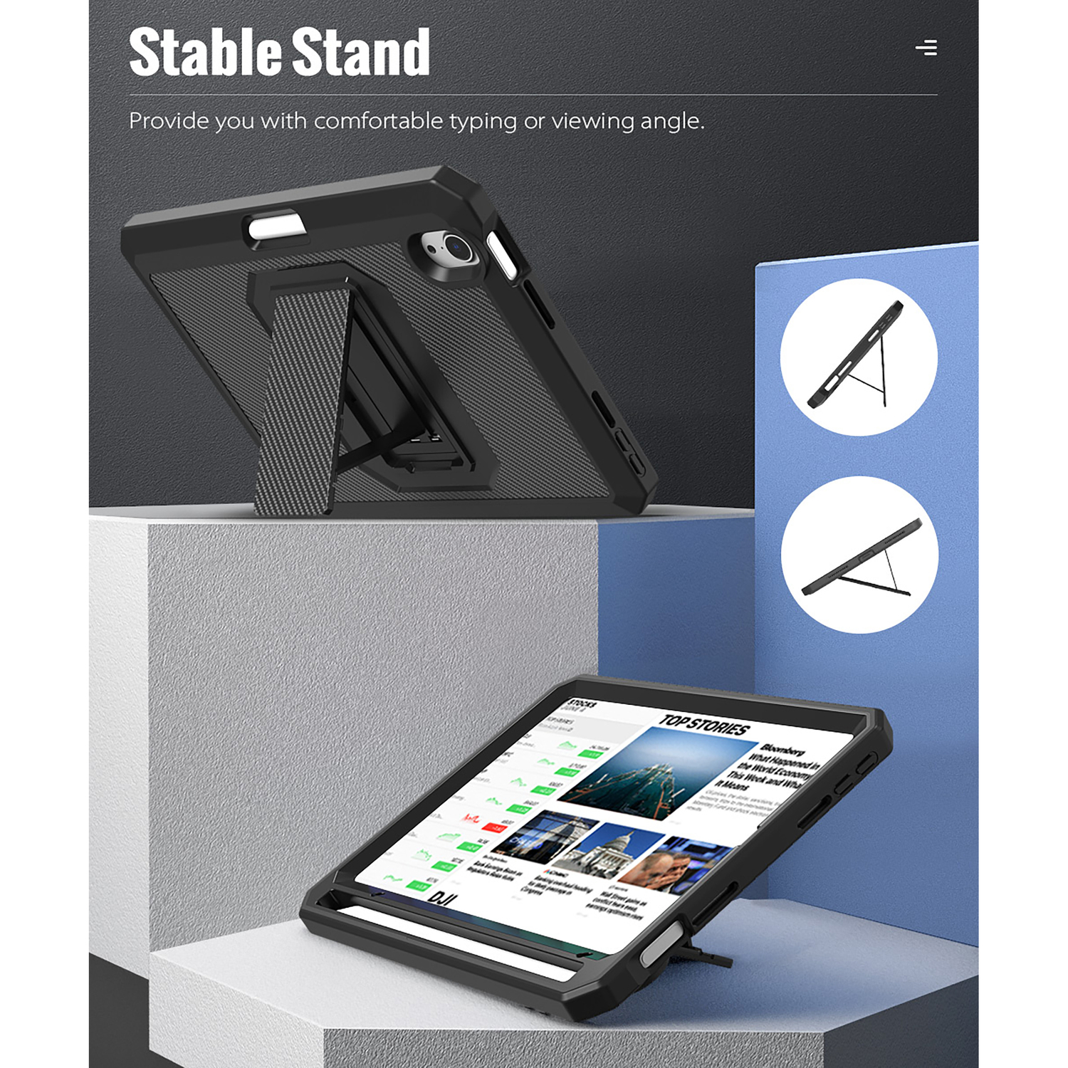 Une tablette dans un étui robuste avec un support, montrant une interface d'application d'actualités.