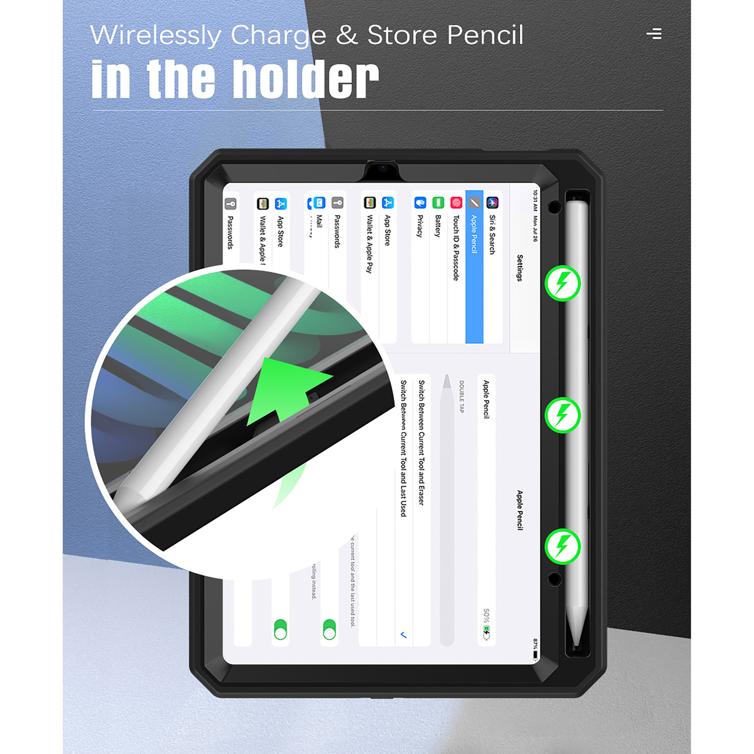 iPad dans un étui noir. L'écran affiche une interface d'application. Un stylet blanc se recharge sur le côté.