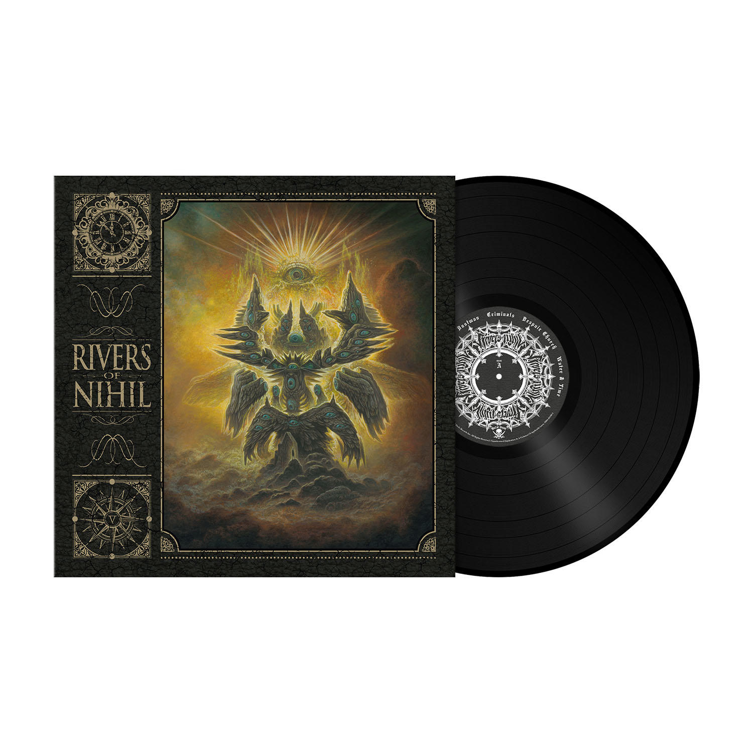Ein Vinyl-Schallplatten-Albumcover. Es zeigt eine dunkle, surreale Illustration mit Textüberlagerung.