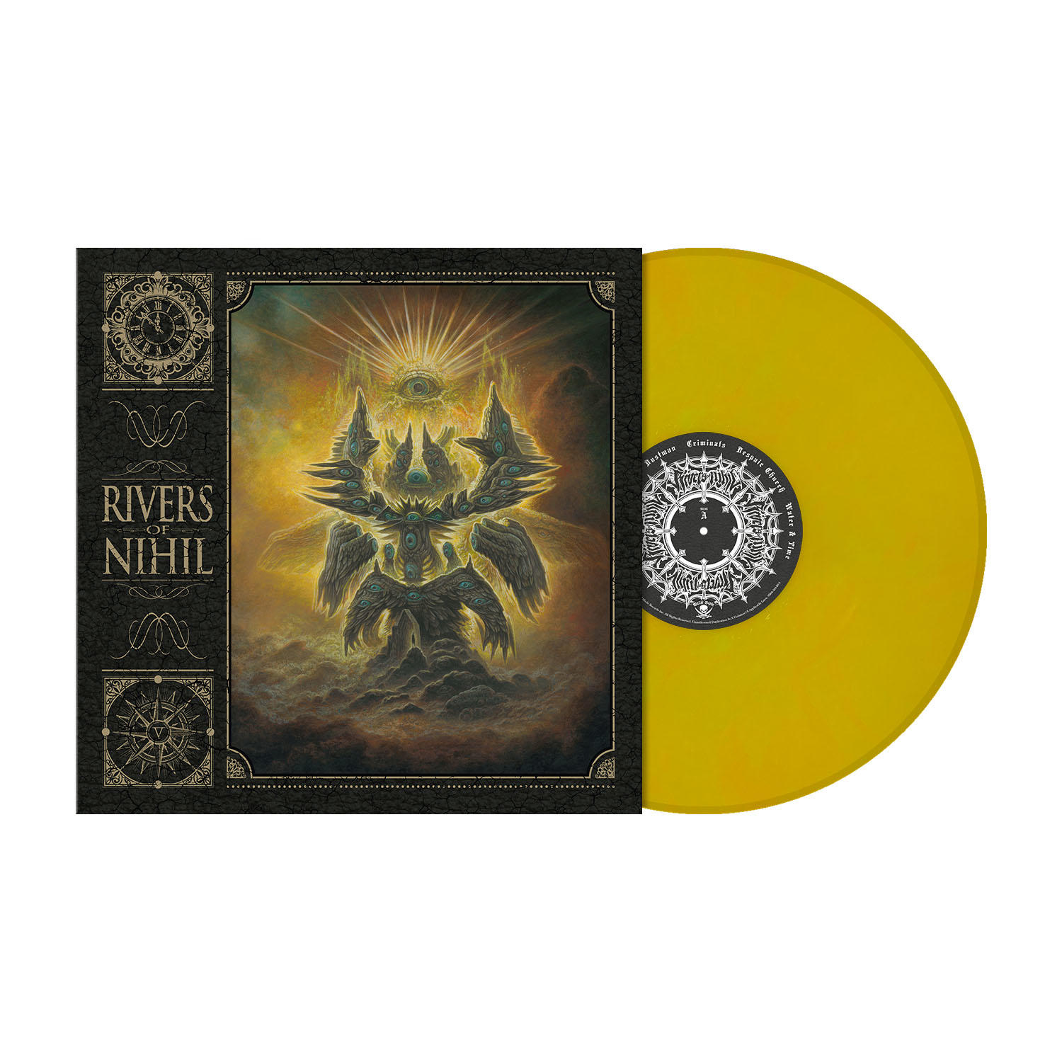 Albumcover: gelbes Vinyl, dunkle Illustration, mit Text: Rivers of Nihil.