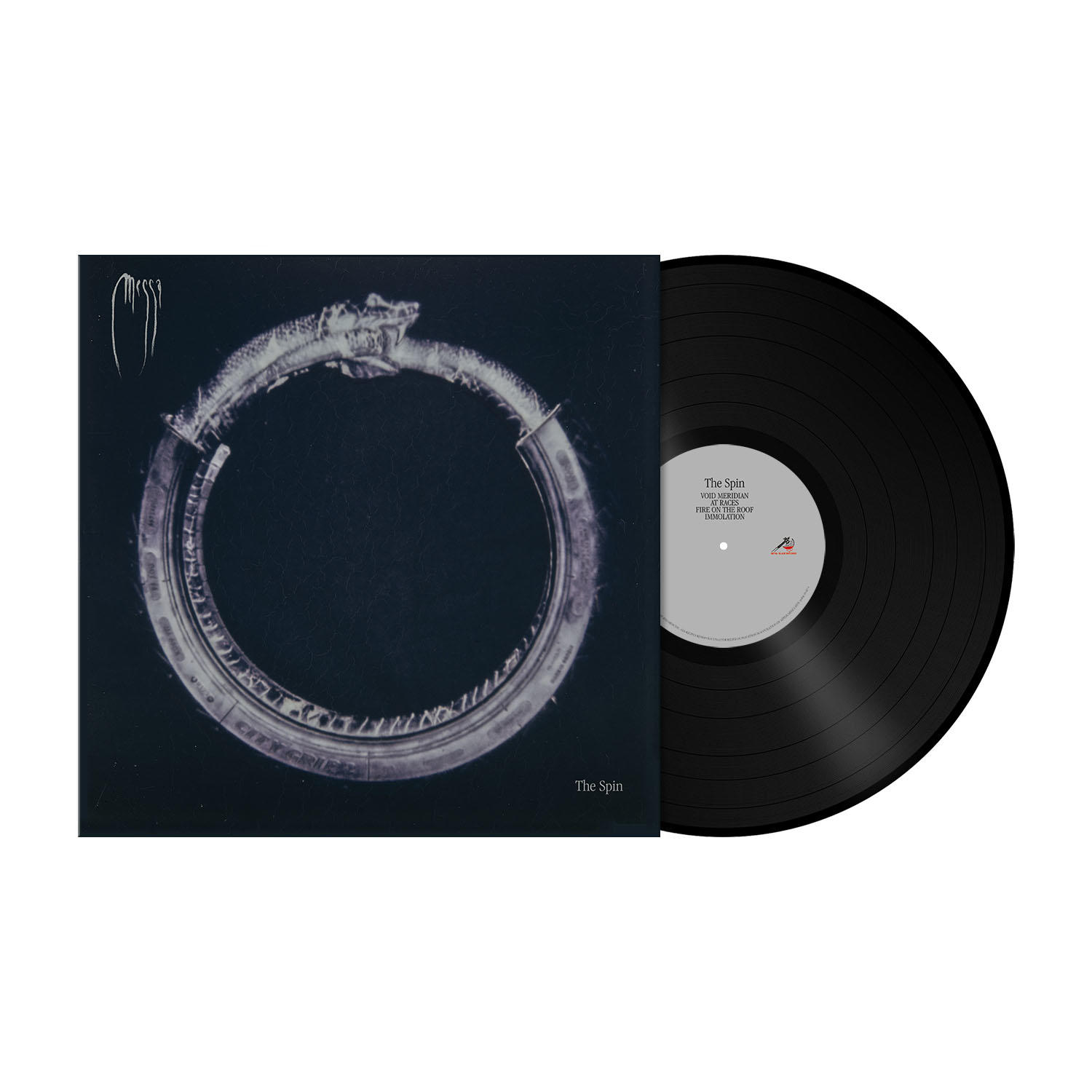 Albumcover: schwarzes Vinyl, weißes Logo, silberner Ouroboros. Text: "The Spin".