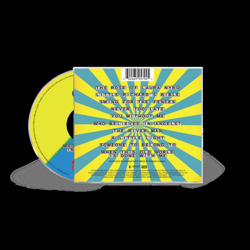 CD-Cover mit Text: Songtitel in Blau und Gelb. Hintergrundmuster in Gelb und Blau.