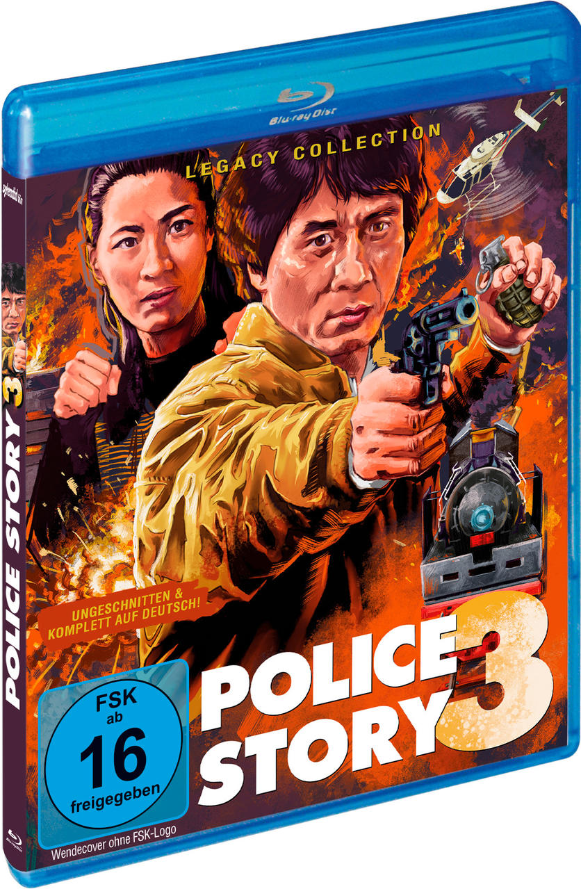 Filmcover: Jackie Chan, eine Pistole haltend, mit zwei anderen. Text: Police Story 3.