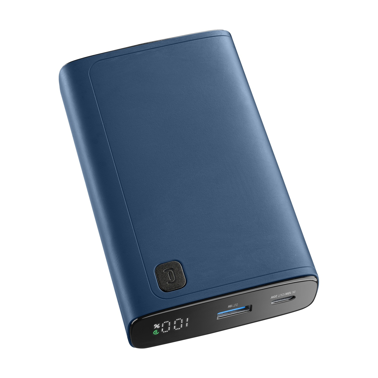Blaue Powerbank mit digitaler Anzeige.