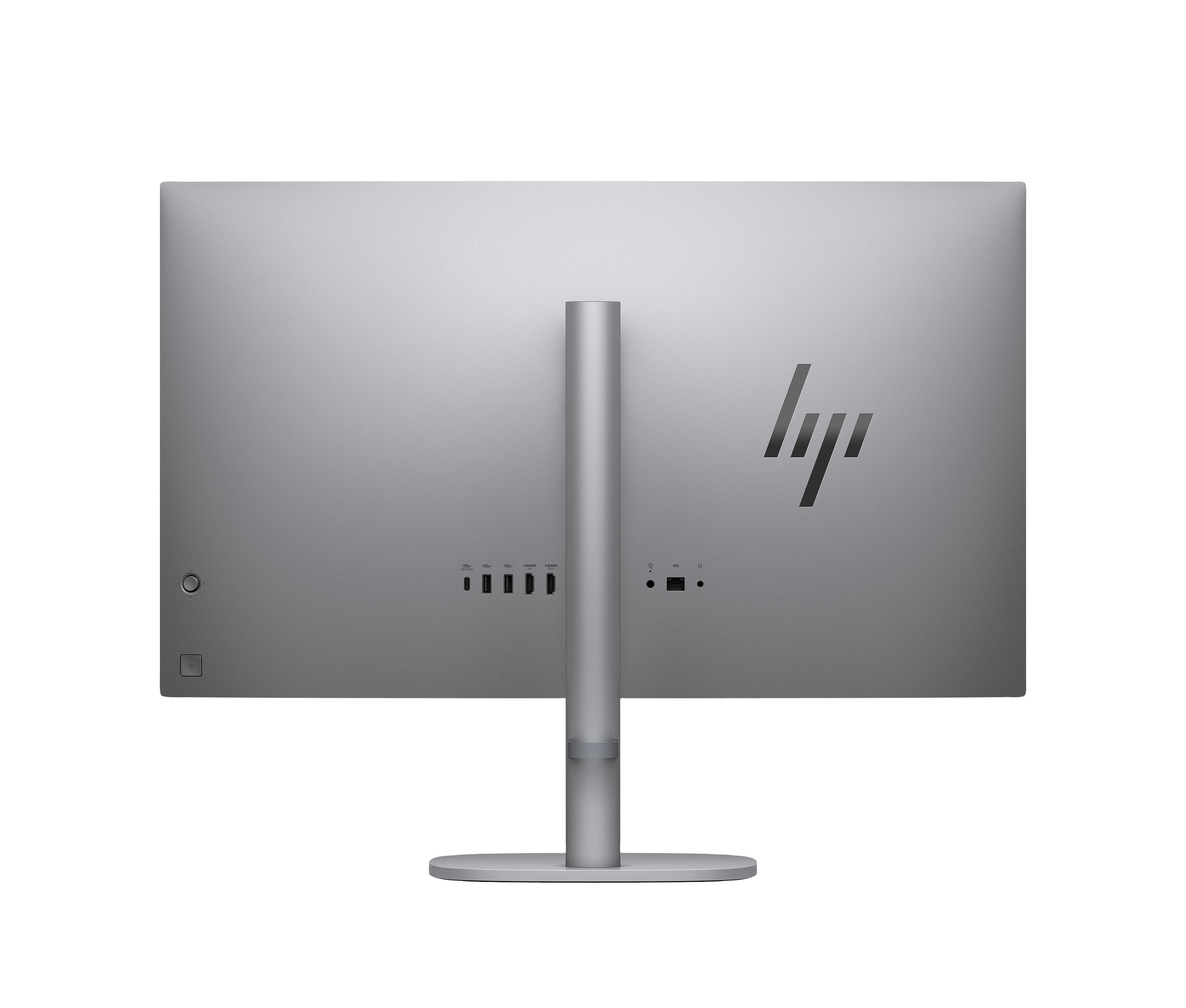 Rückseite eines silbernen Monitors mit Ständer. HP-Logo ist sichtbar.