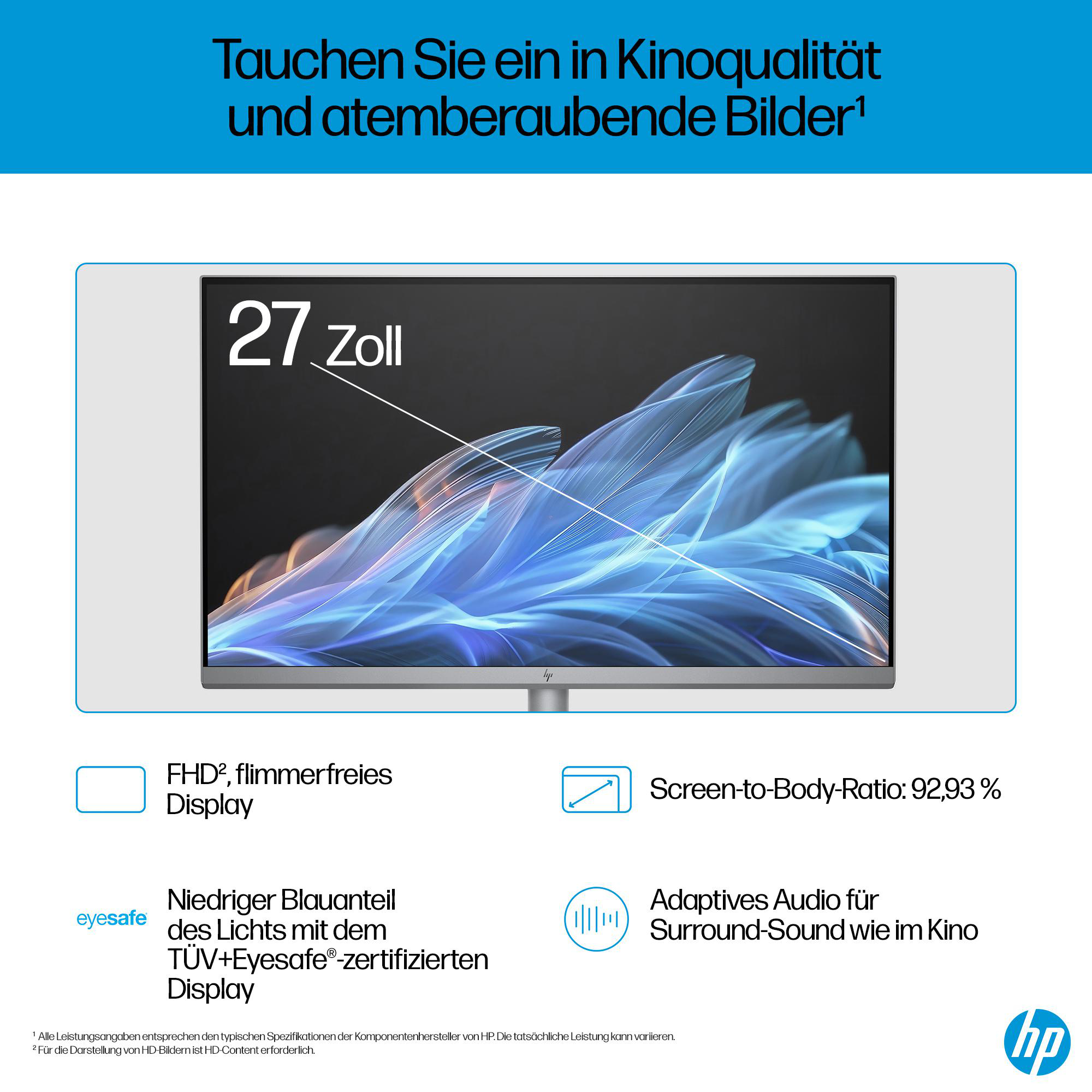 HP-Monitor, weißer Rahmen, blaues abstraktes Bild auf dem Bildschirm und Text über den Bildschirm.