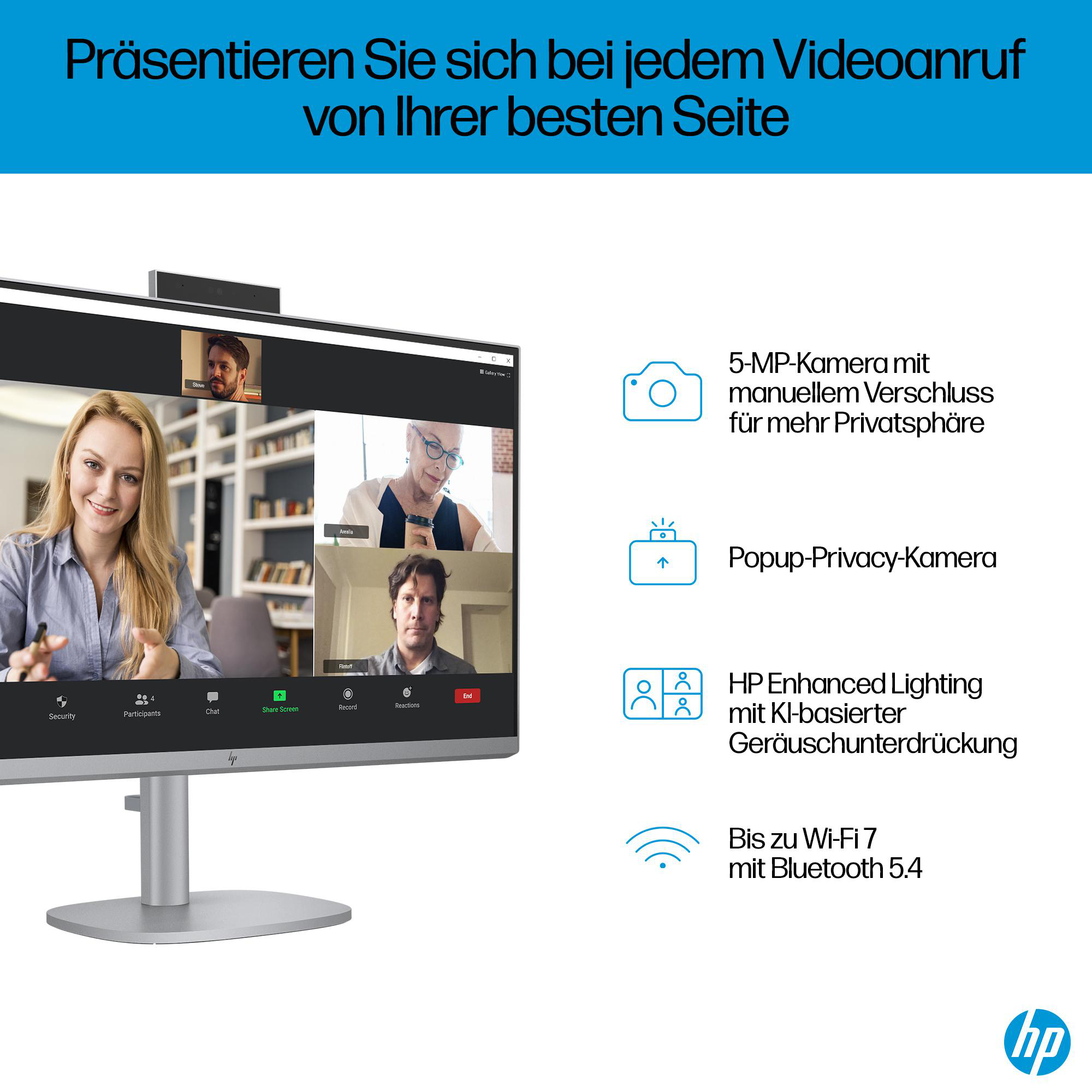 Desktop-Monitor mit Videoanruf auf dem Bildschirm. Weitere Funktionen werden mit Symbolen beschrieben.