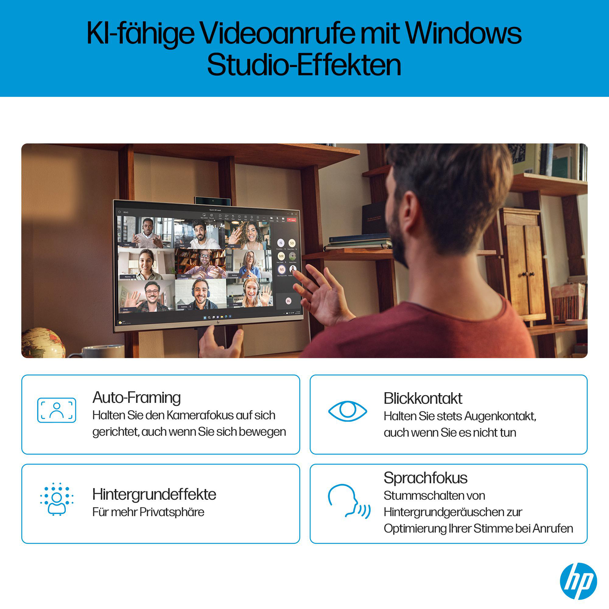 Mann in Videokonferenz mit Kollegen. Zeigt Funktionen wie Auto-Framing, Blickkontakt, Hintergrundeffekte und Sprachfokus.