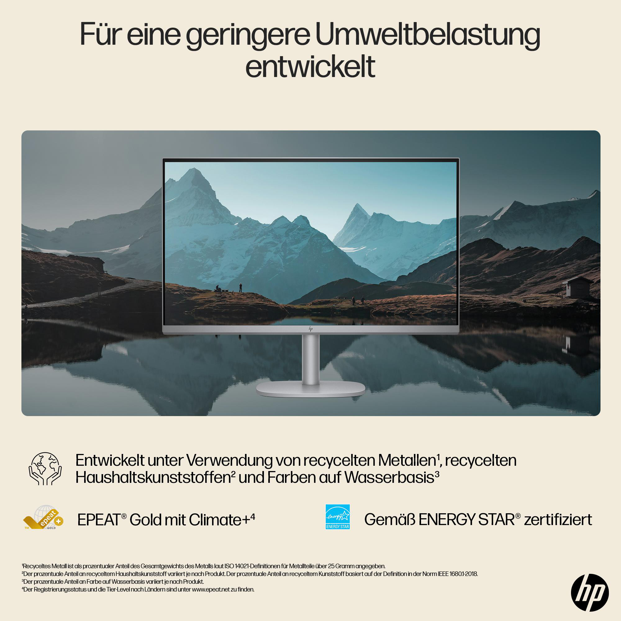 Ein Computermonitorbildschirm mit einer malerischen Kulisse und dem HP-Logo.