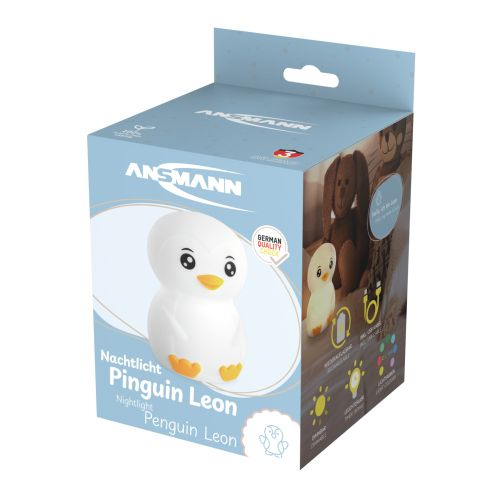 Box, Nachtlichtspielzeug, Pinguin-Cartoon, hellblauer Hintergrund.