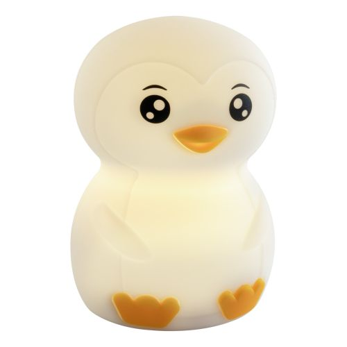 Ein weißes pinguinförmiges Nachtlicht mit gelbem Schnabel und Füßen.