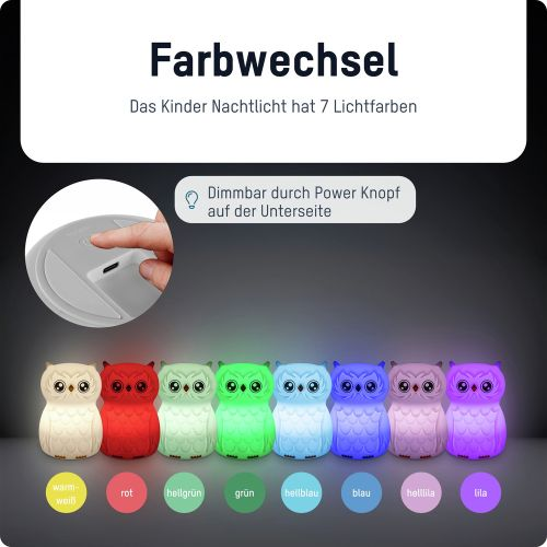 Bunte eulenformige Nachtlichter mit Text, der Farbwechseloptionen anzeigt.