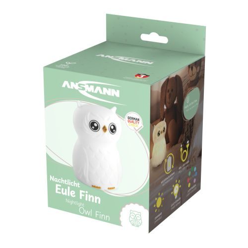 Ein Nachtlicht in einer Box mit Eulen-Design und dem Markennamen ANSMANN.