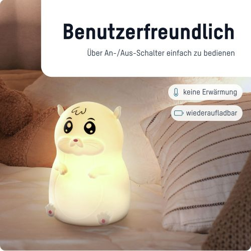 Ein hamsterförmiges Nachtlicht mit Text, der Benutzerfreundlichkeit und Aufladbarkeit anzeigt.