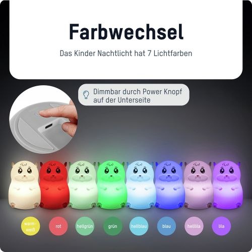 Hamsterförmige Nachtlichter in verschiedenen Farben, mit angezeigten Farbwechseloptionen.