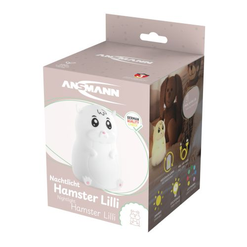 Ein weißes Hamster-Nachtlicht in einer Box, die Box hat Text und Bilder.