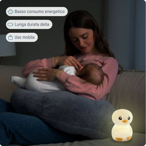 Eine Frau stillt ein Baby auf einer Couch. Ein pinguinförmiges Nachtlicht leuchtet daneben. Textblasen erscheinen.