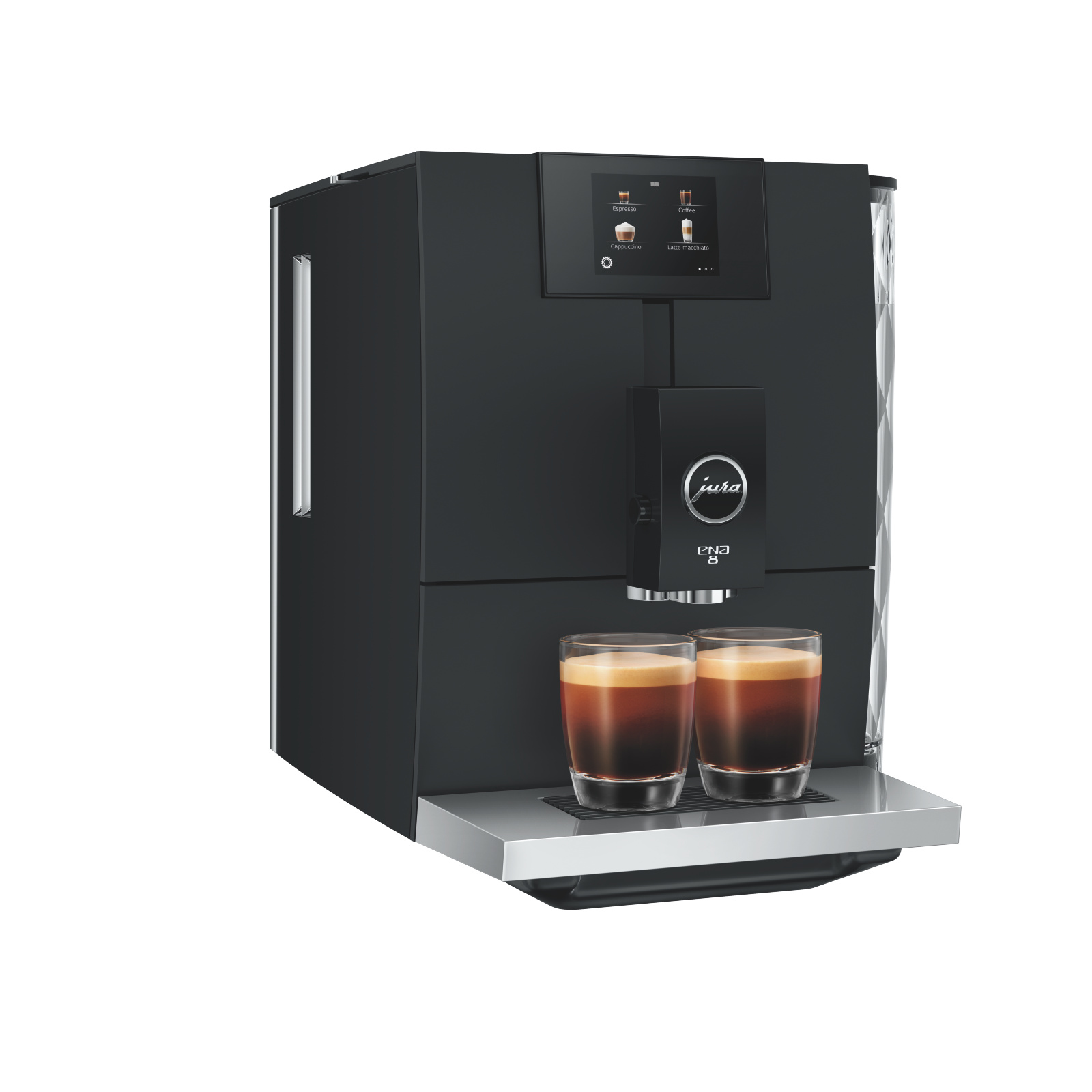 Siyah Jura E8 kahve makinesi. Damlama tepsisinde iki bardak espresso var. Üstte bir dokunmatik ekran.