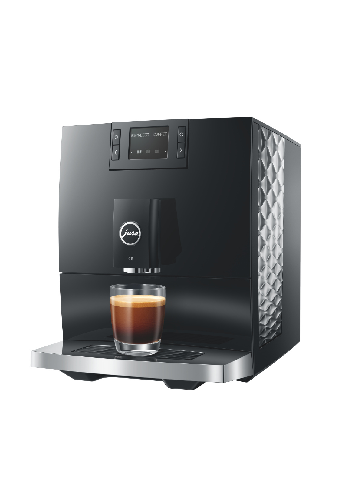 Bir bardak espresso ile siyah kahve makinesi. Jura logosu görünür.