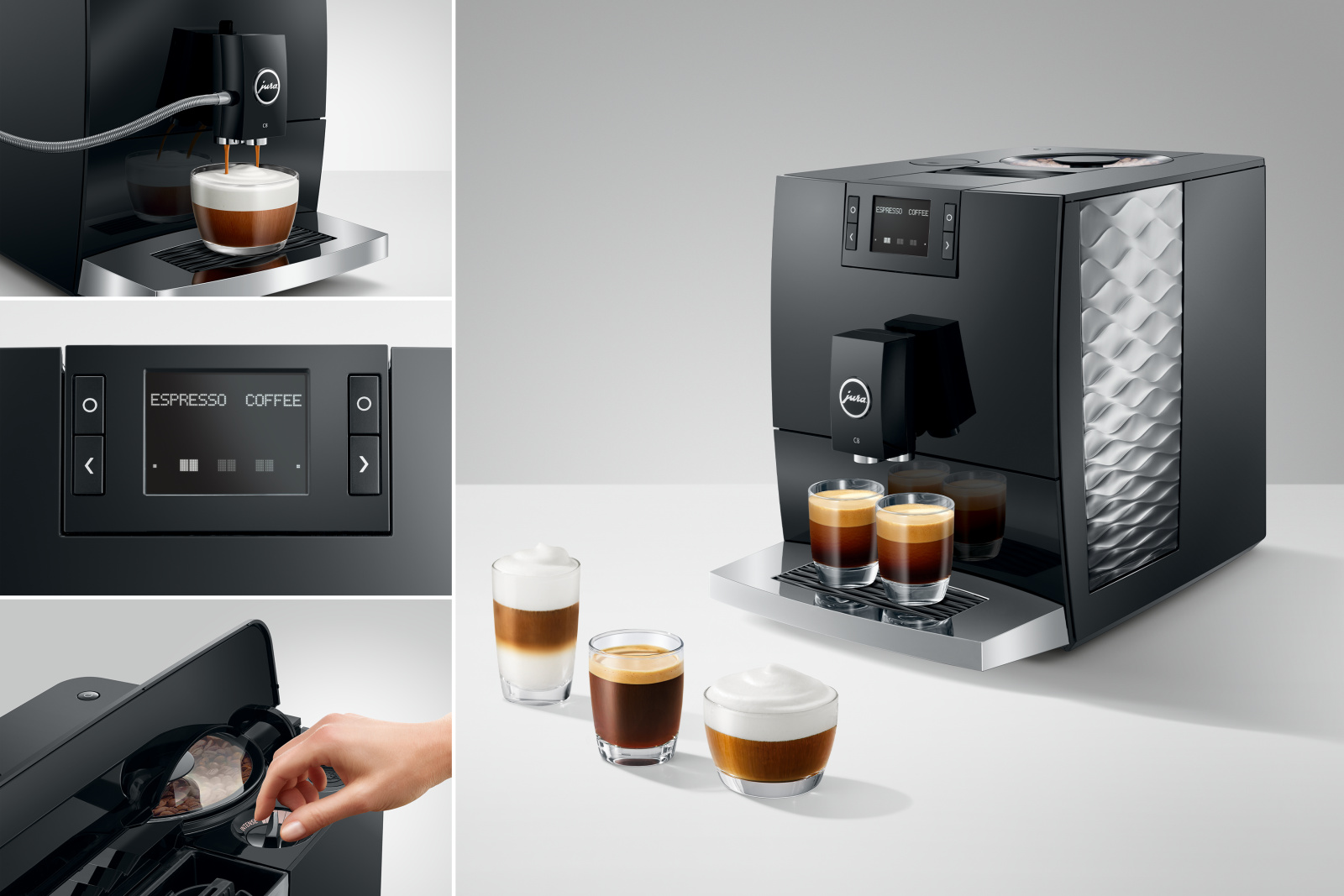 Espresso ve latte dahil olmak üzere çeşitli kahve çekimleriyle siyah espresso makinesi.