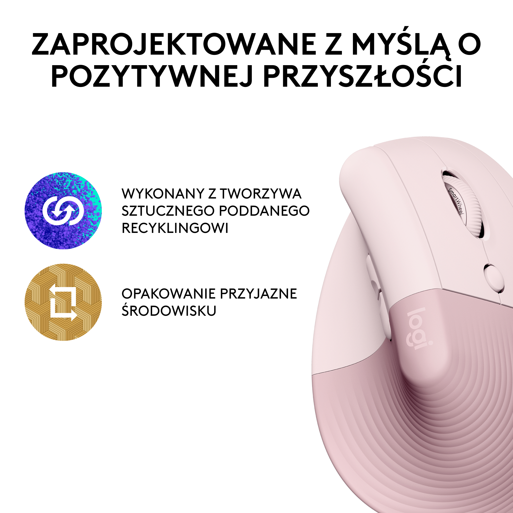 Różowo-biała ergonomiczna mysz z tekstem: Zaprojektowane z myślą o przyszłości. Logo Logi.