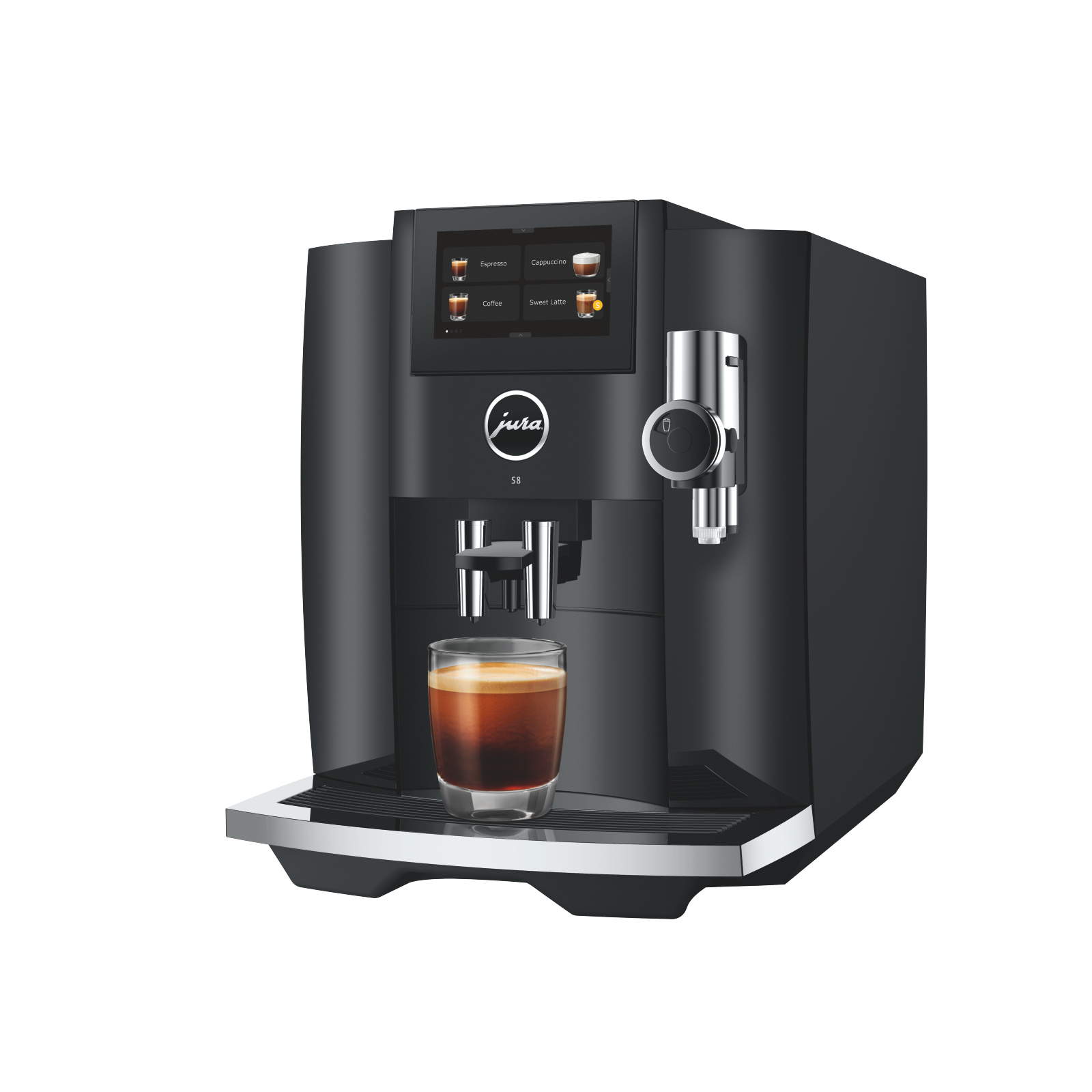 Önünde bir bardak espresso bulunan siyah Jura S8 kahve makinesi.