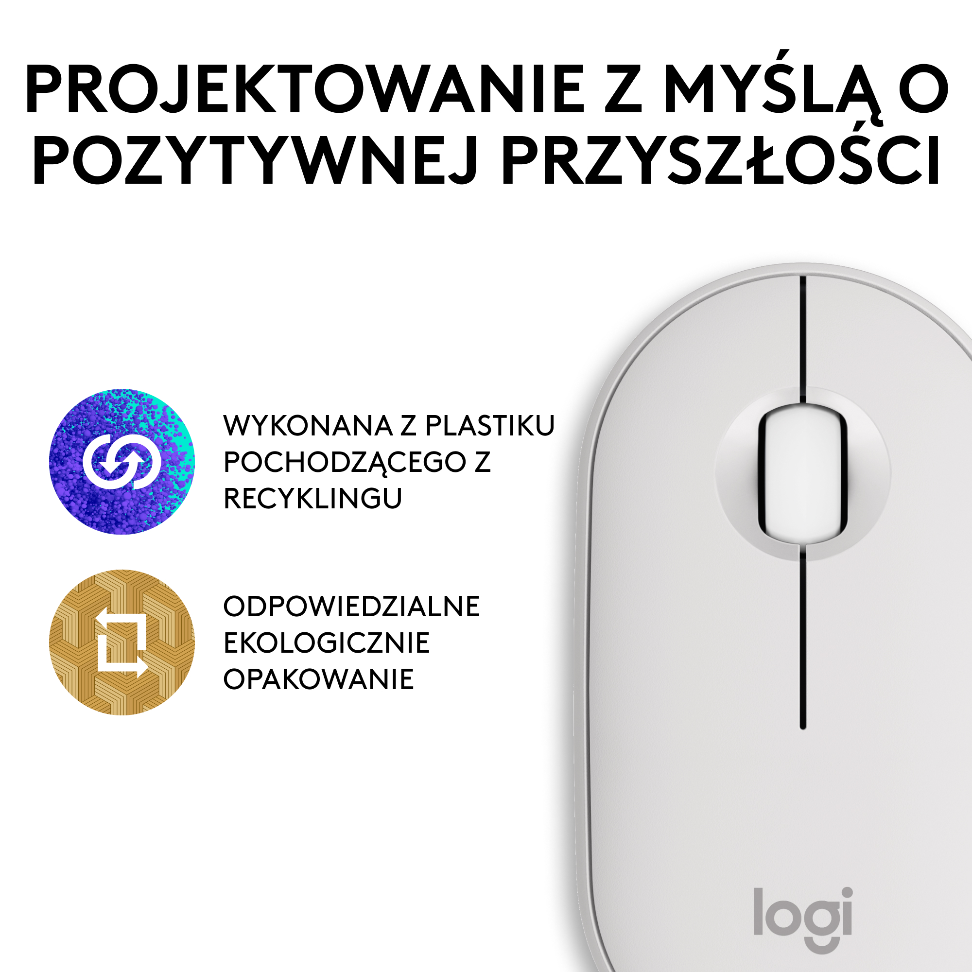 Biała mysz komputerowa z kółkiem przewijania i logo.