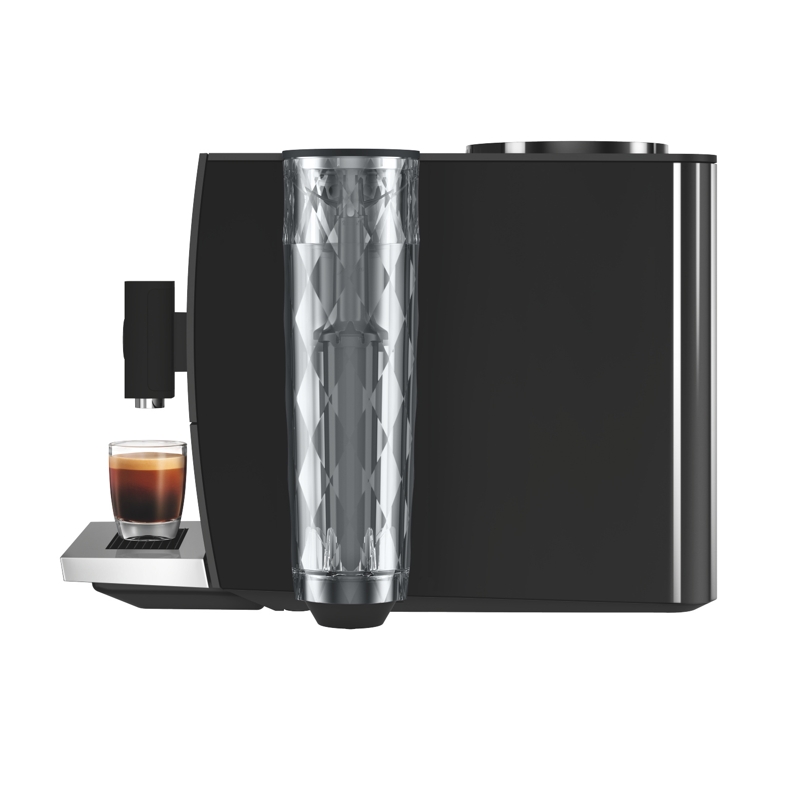 Siyah bir Jura E8 kahve makinesinin bir bardak espresso ile yan görünümü. Bir su deposu görünür.