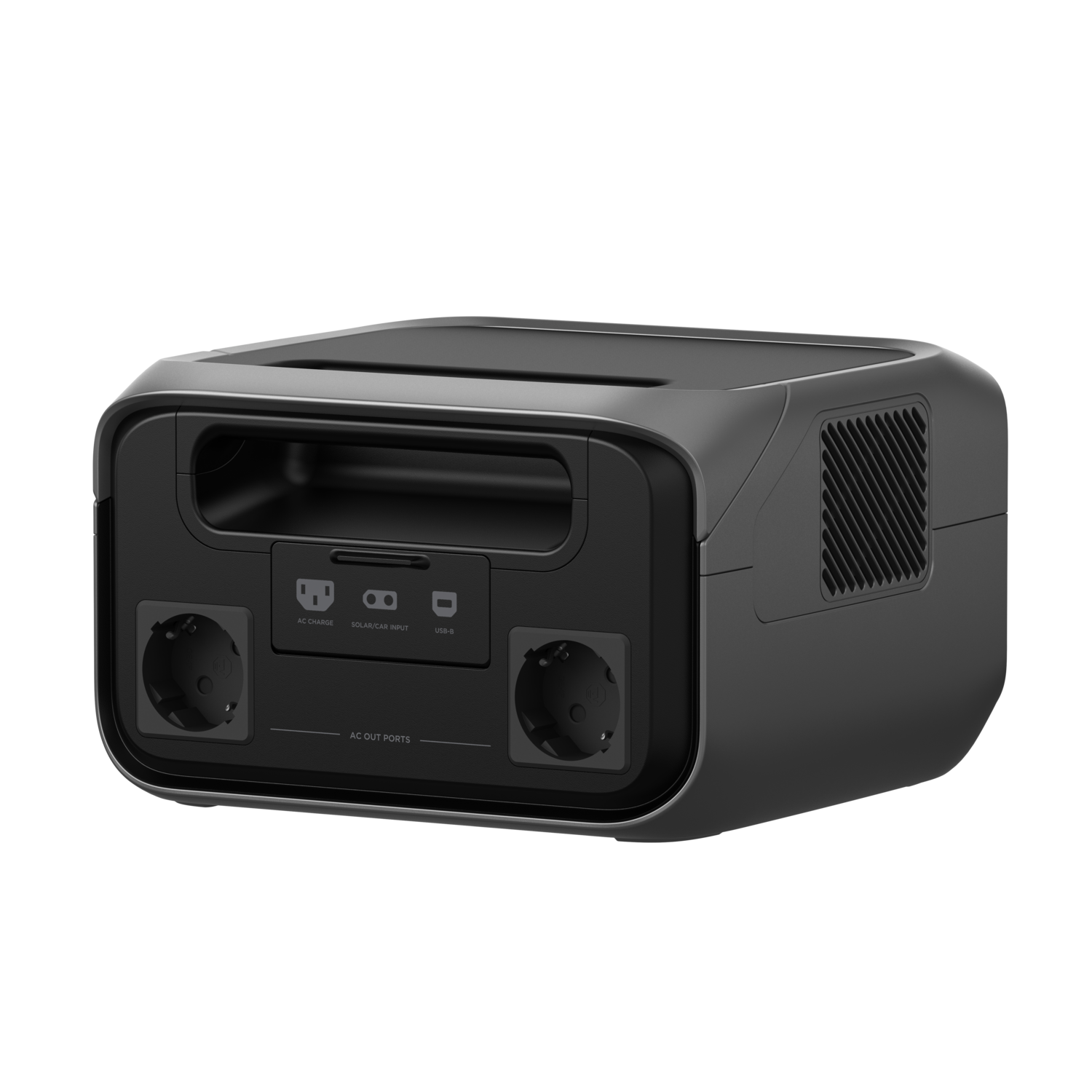 Black portable power station, with AC, USB, and solar input ports.