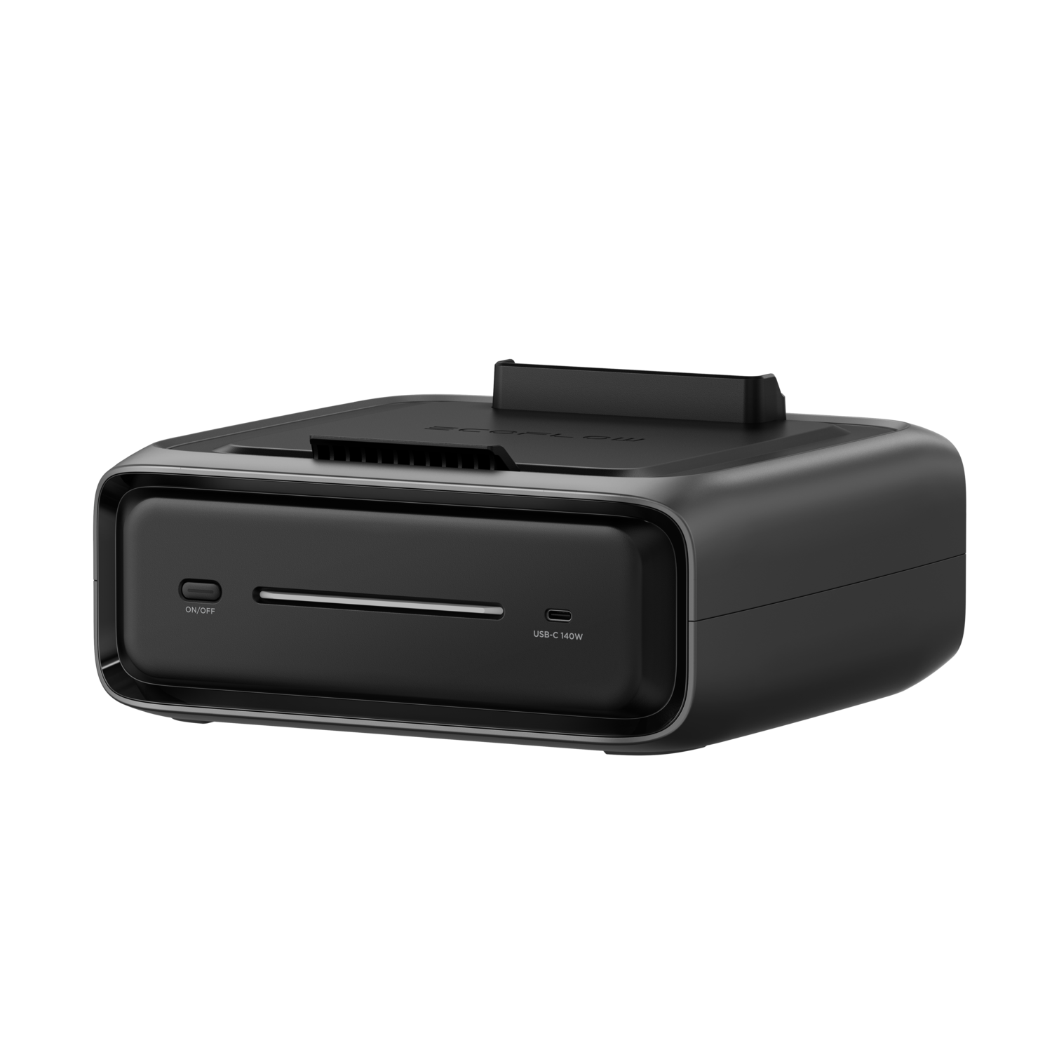 A black electronic device with an on/off button, a slot, and a USB-C port. It has a small stand on top.