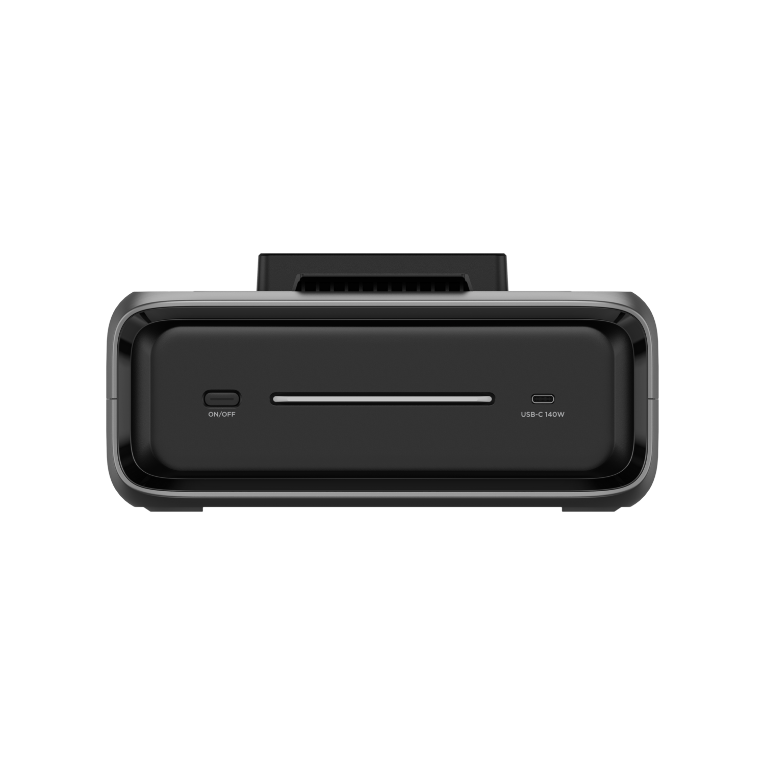 A black device with a silver outline. It has an on/off button, a USB-C port, and a USB-C 140W port.